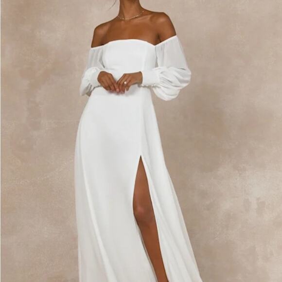 Lulus Wm's Feel the Romance White Off-the-Shoulder Chiffon Maxi Dress Sz L #613 - Picture 6 of 8